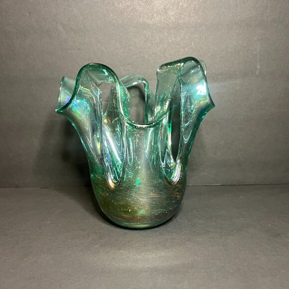 VTG Murano Style Green Gold Abstract Glitter Stretch Swung Art Glass Decor 5.75" - Picture 2 of 6